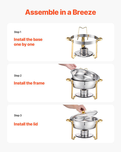 Chafing Dish Buffet Set, 5 Qt 4 Pack, Stainless Steel Chafer with 4 Full Size Pan, Round Catering Warmer Server with Glass Lid Water Pan Folding Stand Fuel Holder, for Wedding Party Banquet, Gold