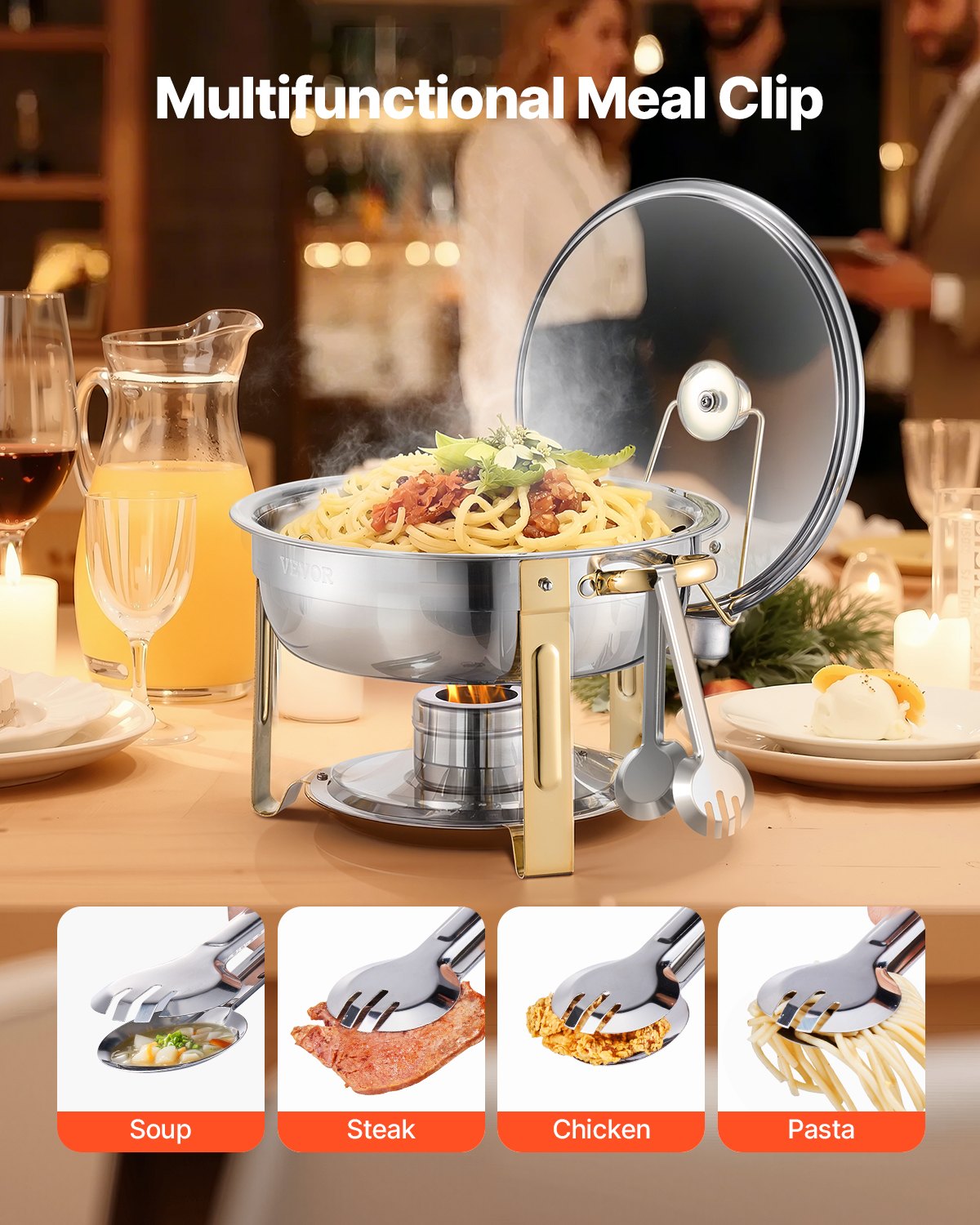 Chafing Dish Buffet Set, 5 Qt 4 Pack, Stainless Steel Chafer with 4 Full Size Pan, Round Catering Warmer Server with Glass Lid Water Pan Folding Stand Fuel Holder, for Wedding Party Banquet, Gold