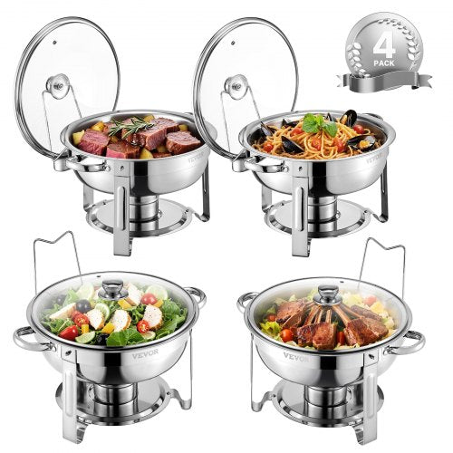 Chafing Dish Buffet Set, 5 Qt 4 Pack, Stainless Steel Chafer with 4 Full Size Pan, Round Catering Warmer Server with Glass Lid Water Pan Folding Stand Fuel Holder, for Wedding Party Banquet