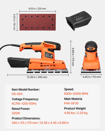 Sheet Sander, 1/2 Sheet 2.5A Electric Sander for Woodworking, Max. 12000RPM Variable Speed Sheet Finishing Sander with Sandpaper and Dust Box for Wood Polishing Sanding