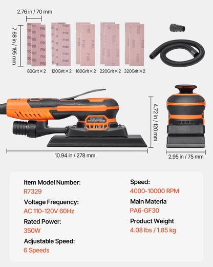 Sheet Sander, 3/8 Sheet 3A EC Brushless Sander, Max. 10000RPM Variable Speed Sheet Finishing Sander with 10PCS Sandpapers and Vacuum Cleaner Adapter for Woodworking