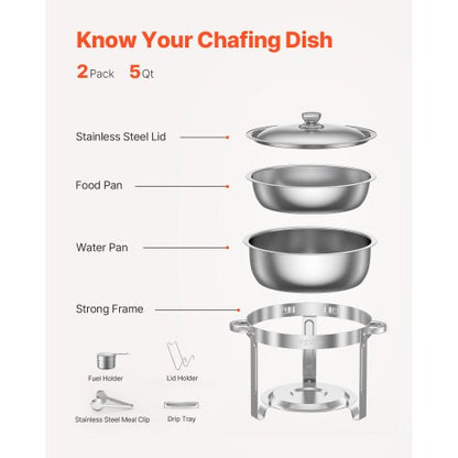 5 Qt 2-Pack Round Chafing Dishes Buffet Set Full Size Pan Stainless Steel