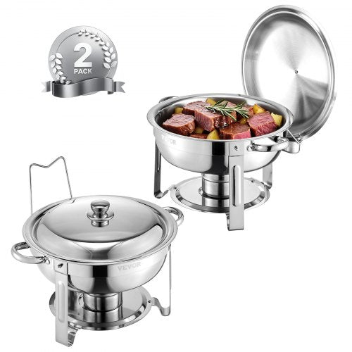 Chafing Dish Buffet Set, 5 Qt 2 Pack, Stainless Steel Chafer with 2 Full Size Pans, Round Catering Warmer Server with Lid Water Pan Folding Stand Clip, for Weddings Parties Banquets, Silver