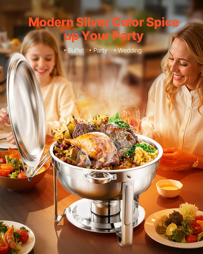 Chafing Dish Buffet Set, 5 Qt 2 Pack, Stainless Steel Chafer with 2 Full Size Pans, Round Catering Warmer Server with Lid Water Pan Folding Stand Clip, for Weddings Parties Banquets, Silver
