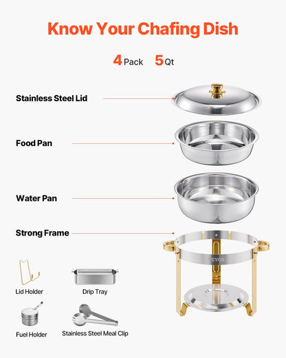 5 Qt 4-Pack Round Chafing Dishes Buffet Set Full Size Pan Stainless Steel