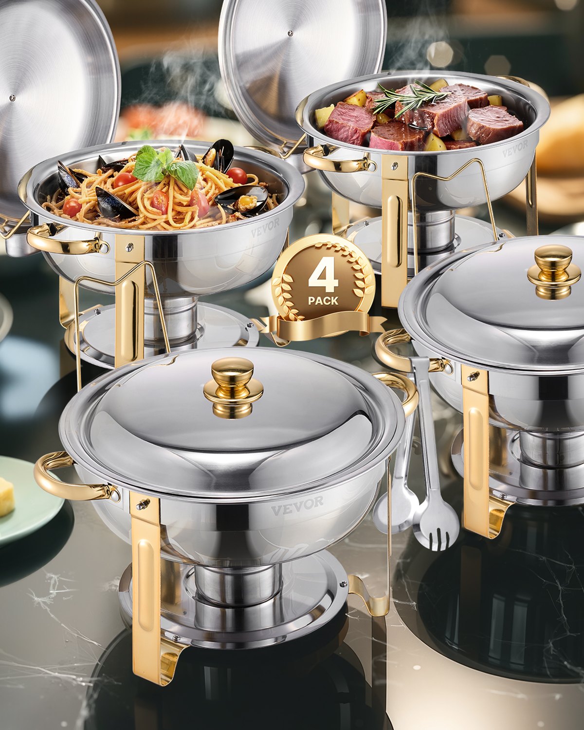 5 Qt 4-Pack Round Chafing Dishes Buffet Set Full Size Pan Stainless Steel