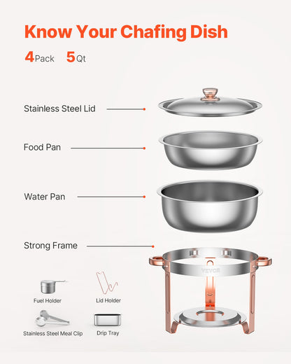 5 Qt 4er-Pack Runde Chafing Dishes Buffet-Set Pfanne in voller Größe Edelstahl