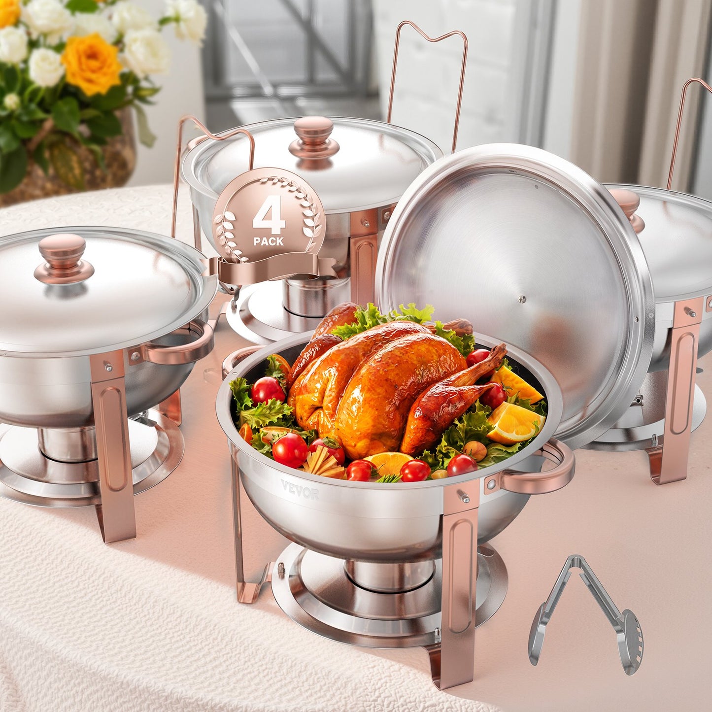 Chafing Dish Buffet Set, 5 Qt 4 Pack, Stainless Steel Chafer with 4 Full Size Pans, Round Catering Warmer Server with Lid Water Pan Folding Stand Clip, for Weddings Parties Banquets, Rose Gold