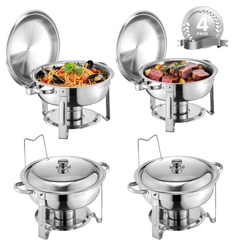 Chafing Dish Buffet Set, 5 Qt 4 Pack, Stainless Steel Chafer with 4 Full Size Pans, Round Catering Warmer Server with Lid Water Pan Folding Stand Clip, for Weddings Parties Banquets, Silver
