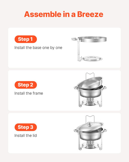 Chafing Dish Buffet Set, 5 Qt 4 Pack, Stainless Steel Chafer with 4 Full Size Pans, Round Catering Warmer Server with Lid Water Pan Folding Stand Clip, for Weddings Parties Banquets, Silver
