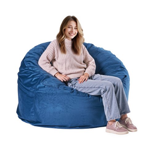 Bean Bag Chair, Round BeanBag Chair with Removable & Washable Cover for Adult, Dutch Velvet & High-Density Foam Filling Adult Bean Bag with Handle and Side Pocket for Living Room, Bedroom, Blue