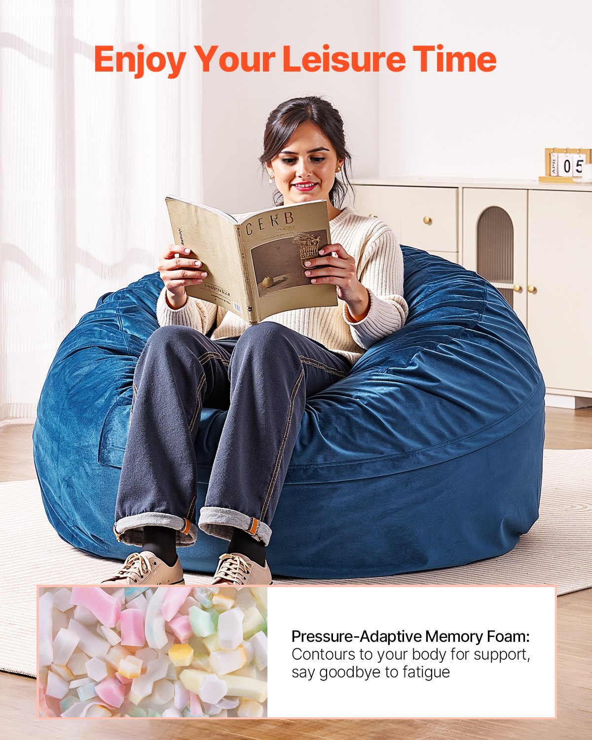 Round Bean Bag Stol med avtagbart och tvättbart överdrag för vuxna Blå