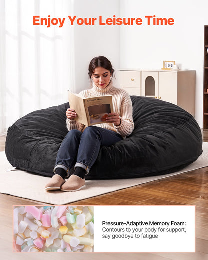 Bean Bag Chair, Giant BeanBag Chair with Removable & Washable Cover for Adult, Dutch Velvet & High-Density Foam Filling Round Bean Bag with Handle and Side Pocket for Living Room Bedroom, Black