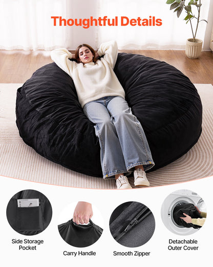 Bean Bag Chair, Giant BeanBag Chair with Removable & Washable Cover for Adult, Dutch Velvet & High-Density Foam Filling Round Bean Bag with Handle and Side Pocket for Living Room Bedroom, Black