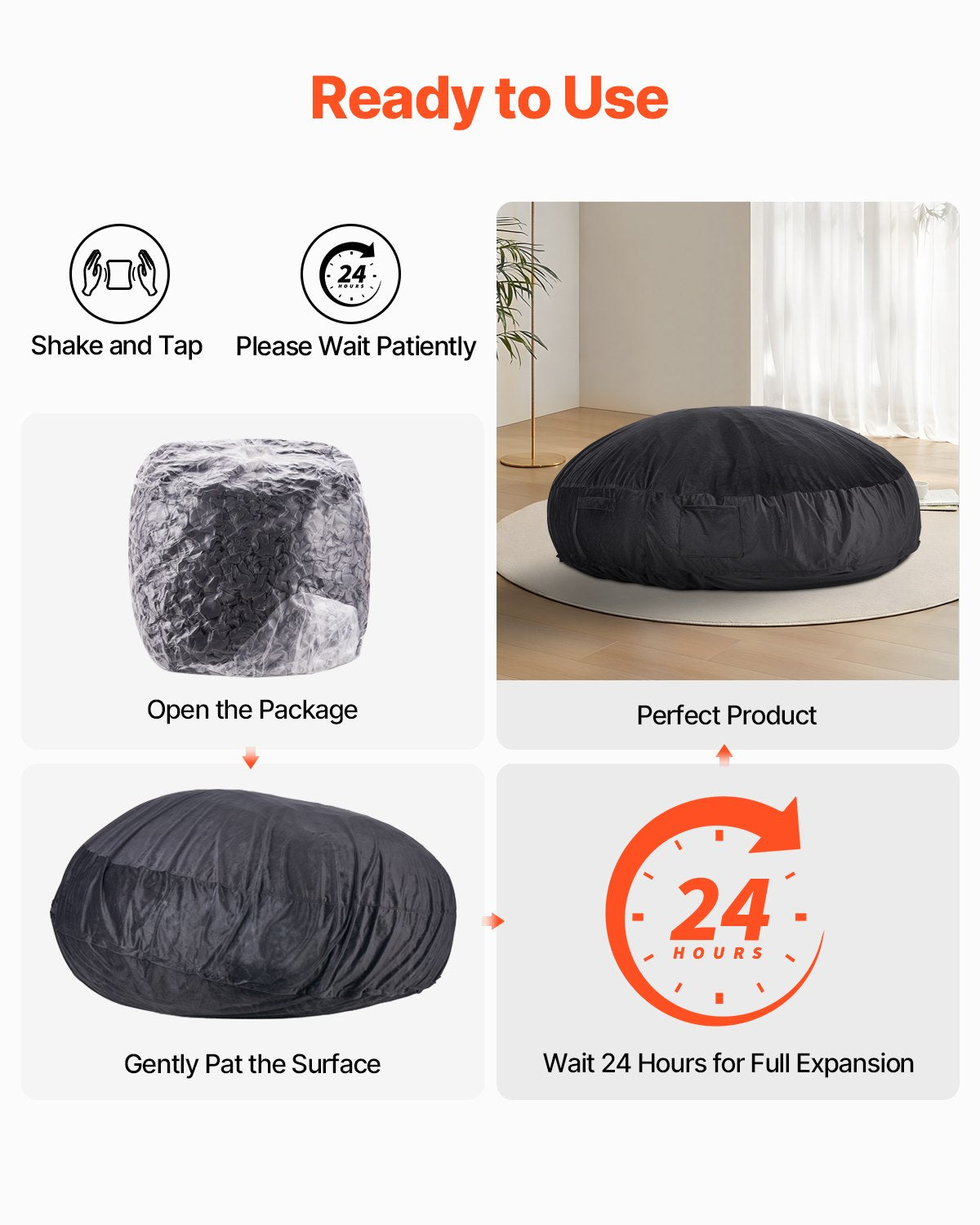 Bean Bag Chair, Giant BeanBag Chair with Removable & Washable Cover for Adult, Dutch Velvet & High-Density Foam Filling Round Bean Bag with Handle and Side Pocket for Living Room Bedroom, Black