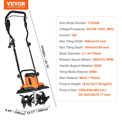10 Amp Electric Tiller, 14" Tilling Width 3.94" Tilling Depth Corded Electric Tiller/Cultivator, Steel Mn Tines, Rototiller for Garden Lawn Soil Digging