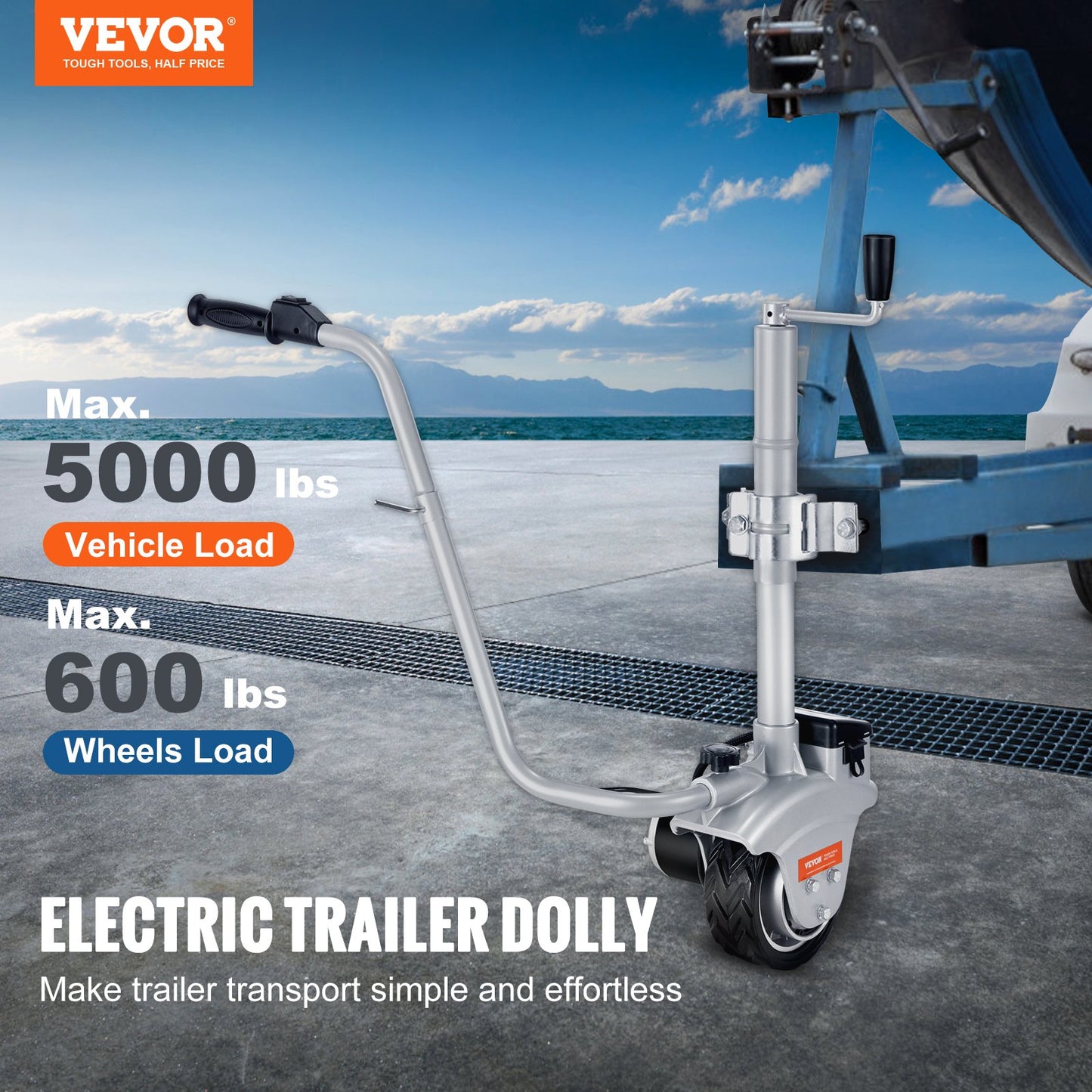 Electric Trailer Dolly, 5000lbs dragkapacitet, 350W 12V Trailer Jockey Wheel med 22 ft/min rörelsehastighet, 12''-24,8'' Justerbar klämhöjd & 8'' gummidäck, för flyttsläp husvagnsbåt
