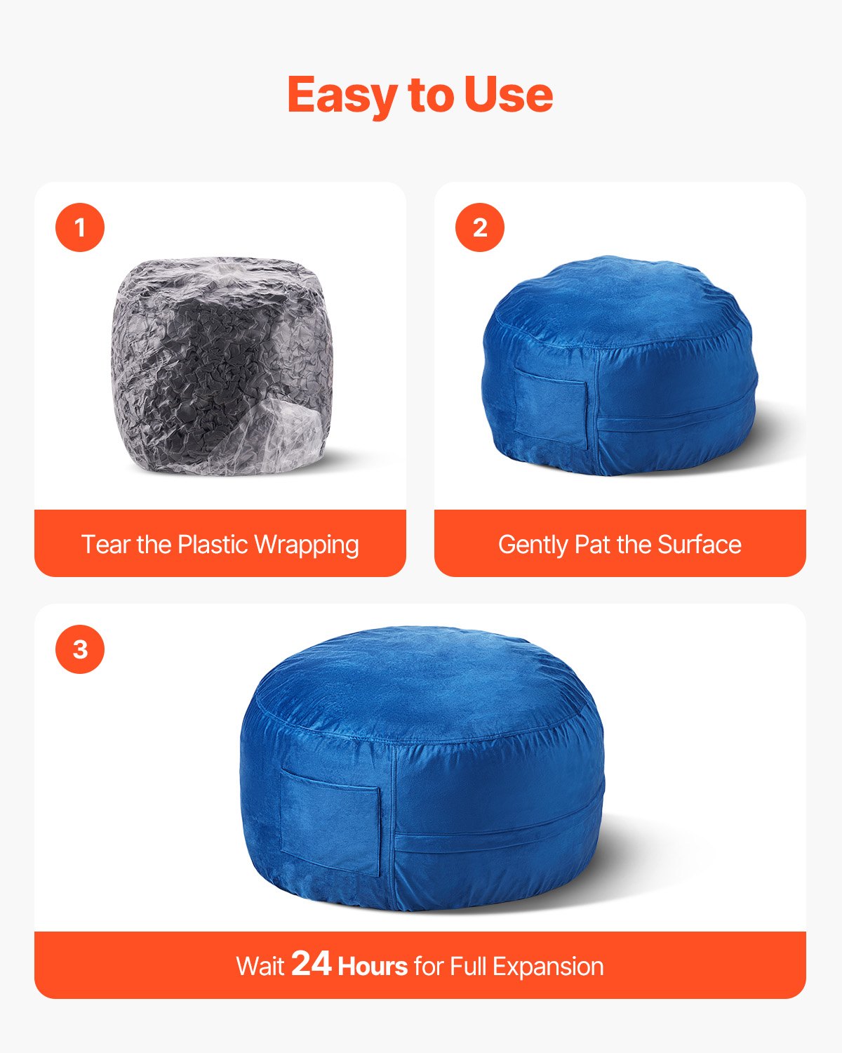 Runder Sitzsack, 91 cm, mit abnehmbarem Bezug und niederländischem Samt, Blau