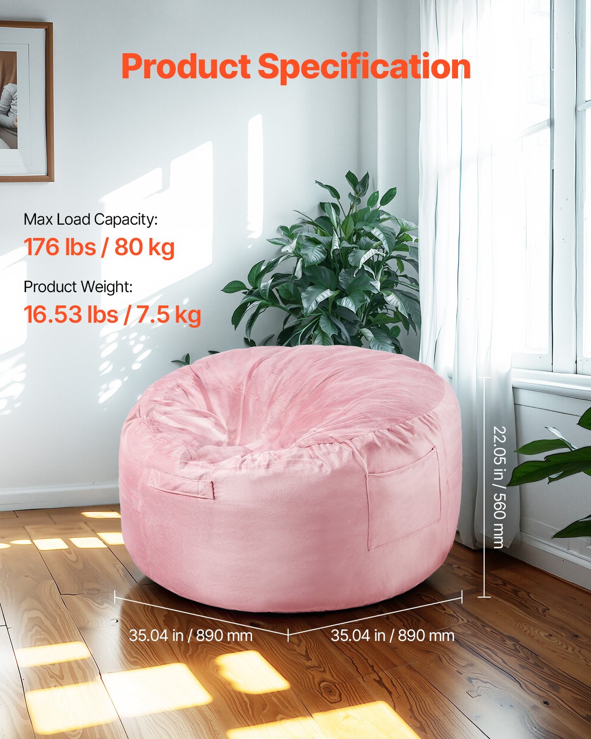 Runder Sitzsack mit abnehmbarem Bezug, 91 cm, Dutch Velvet Pink