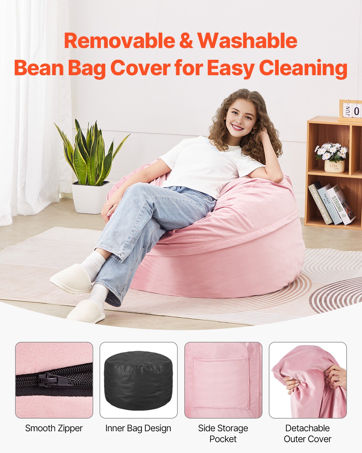 Bean Bag Chair, 3 feet Round Bean Bag Chair with Removable and Washable Cover, 25D Memory Foam Filled with Soft and Smooth Dutch Velvet, Bean Bag for Bedroom or Playroom, Pink