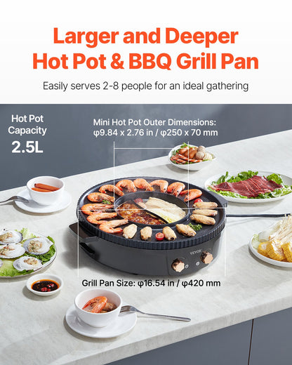 Hot Pot with Grill, 1800W 2-in-1 Electric Smokeless Grill and Hot Pot, Korean BBQ Shabu Shabu Hotpot with Separate Dual Temperature Control, Non-stick Pan, for 2-8 People Family Dining