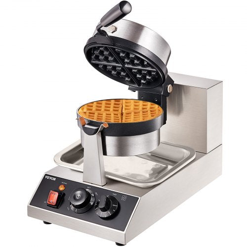 Commercial Waffle Maker, 1 Piece per Batch, 1300W Round Waffle Iron, Non-Stick Waffle Baker Machine with 122-572℉ / 50-300℃ Temp Range Teflon-Coated Baking Pans Stainless Steel Body, 120V