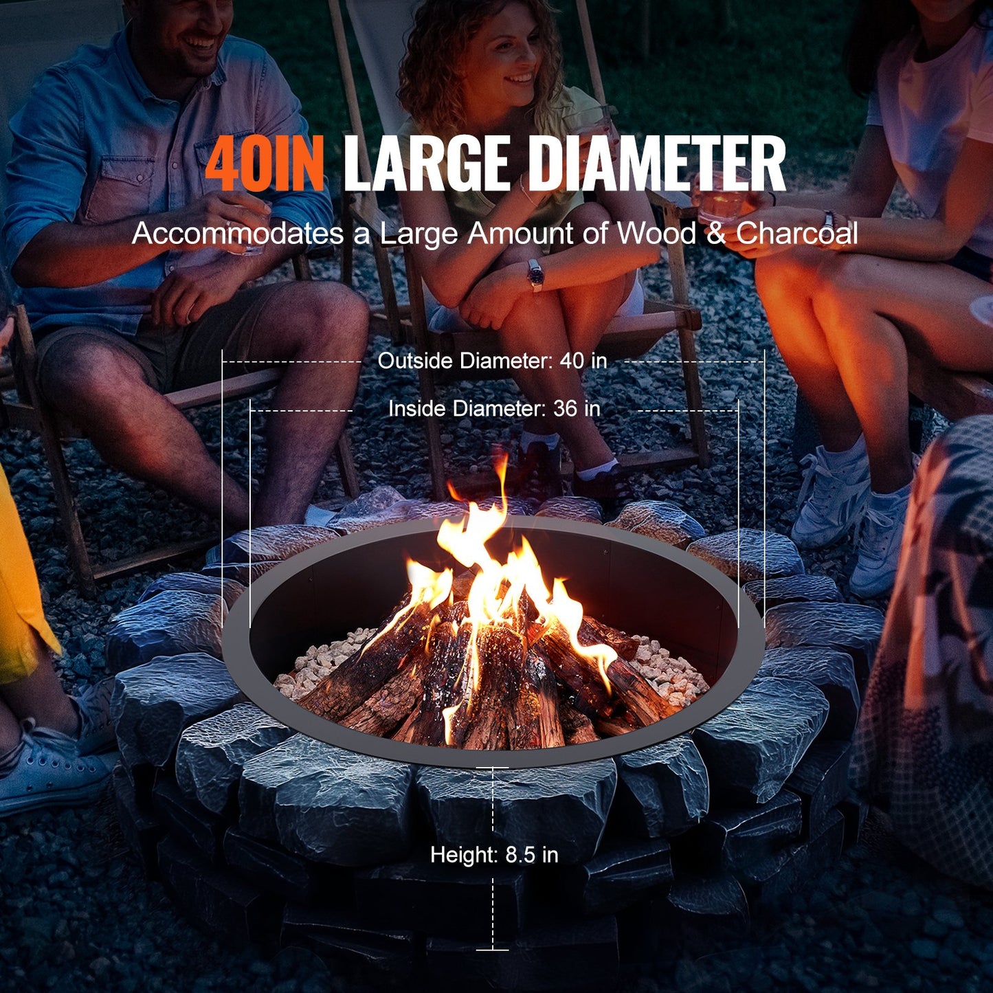 Fire Pit Ring Round 40” Outer 36” Inner Steel Liner DIY Campfire Firepit
