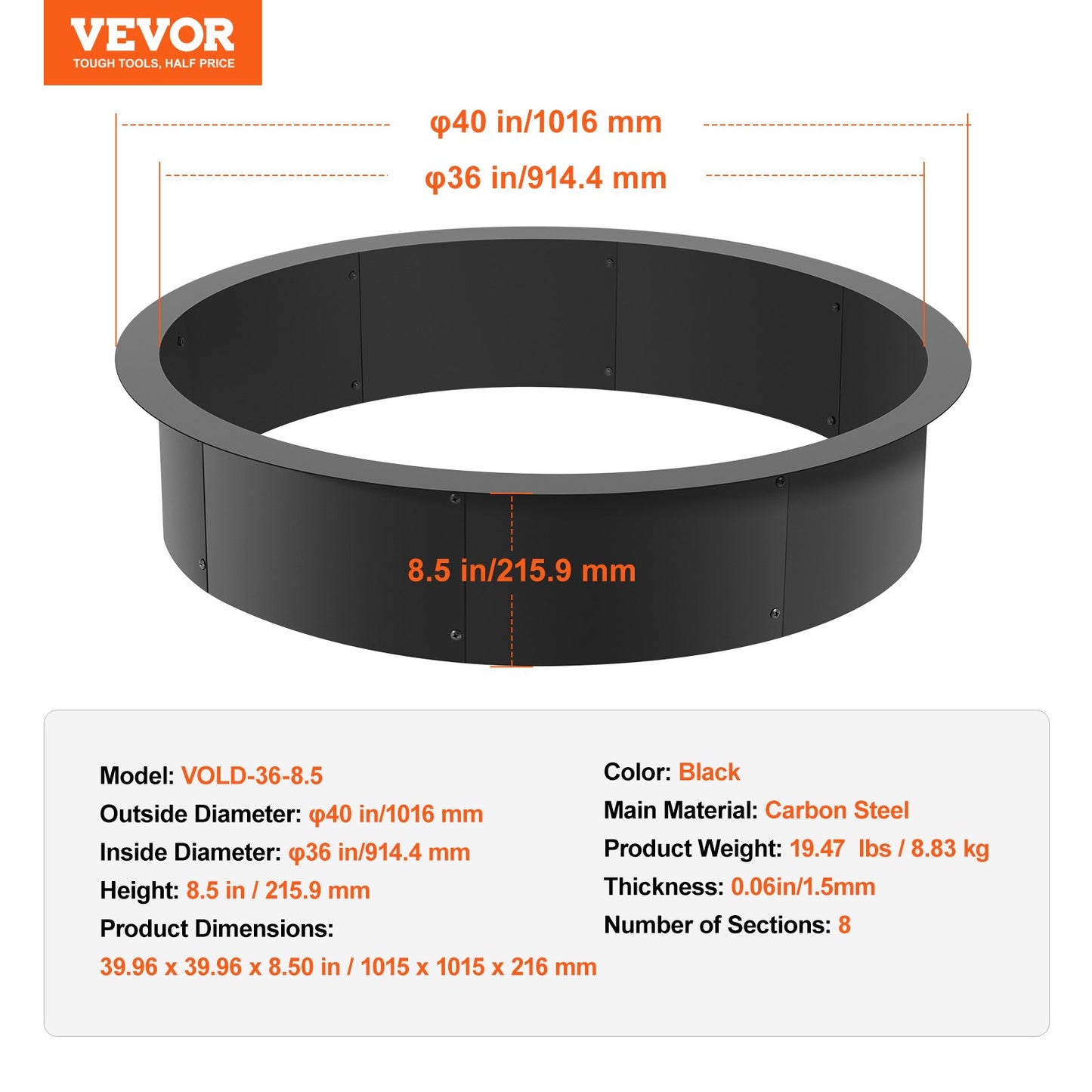 Fire Pit Ring Round 40” Outer 36” Inner Steel Liner DIY Campfire Firepit