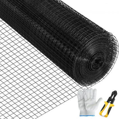 Hardware Cloth, 24\" x50\' & 1\"x1\" Mesh Size, Galvanized Steel Vinyl Coated 16 Gauge Welded Wire with A Cutting Plier & A Pair of Fabric Gloves, for Garden Fencing & Pet Enclosures, Black