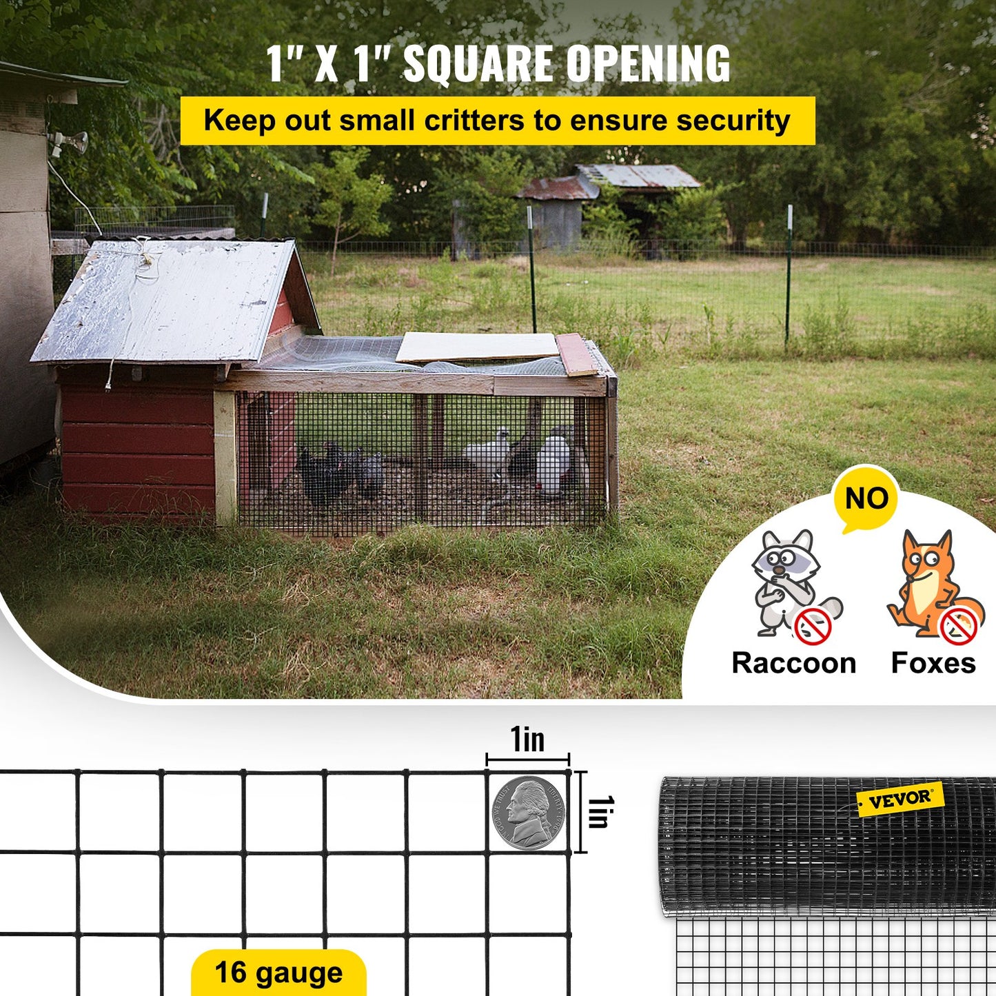 Hardware Cloth, 24\" x 100\' & 1\"x1\" Mesh Size, Galvanized Steel Vinyl Coated 16 Gauge Chicken Wire Fencing with A Cutting Plier & A Pair of Fabric Gloves, for Garden Fencing & Pet Enclosures,