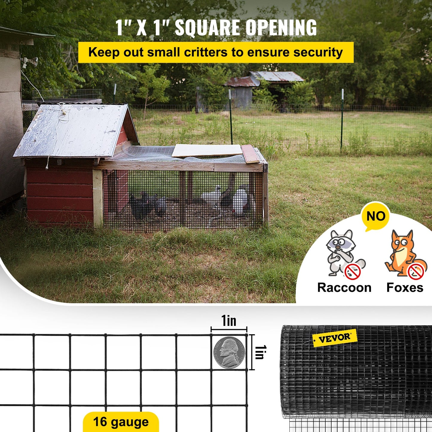 Hardware Cloth, 36" x 50' & 1"x1" Mesh Size, Galvanized Steel Vinyl Coated 16 Gauge Chicken Wire Fencing with A Cutting Plier & A Pair of Fabric Gloves, for Garden Fencing & Pet Enclosures,