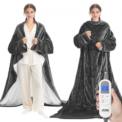 Wearable Electric Heated Throw Blanket with Foot Pocket & Sleeves, Portable Robe Snuggie Blankets for Women, 10 Heating Levels, 12H Auto Shut-Off, Machine Washable, 50 x 70 inch, Grey