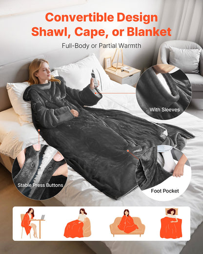 Wearable Electric Heated Throw Blanket with Foot Pocket & Sleeves, Portable Robe Snuggie Blankets for Women, 10 Heating Levels, 12H Auto Shut-Off, Machine Washable, 50 x 70 inch, Grey