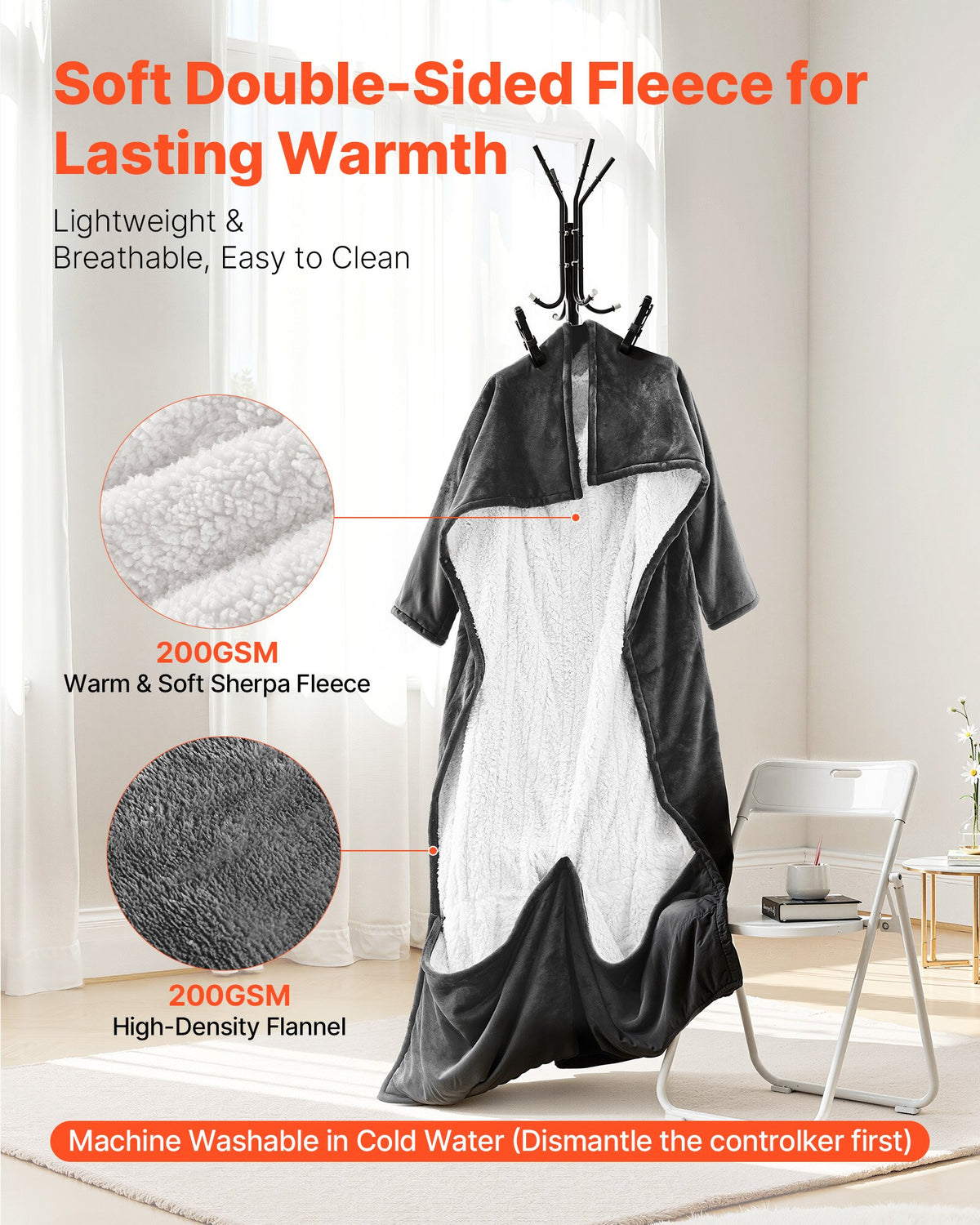 Wearable Electric Heated Throw Blanket with Foot Pocket & Sleeves, Portable Robe Snuggie Blankets for Women, 10 Heating Levels, 12H Auto Shut-Off, Machine Washable, 50 x 70 inch, Grey