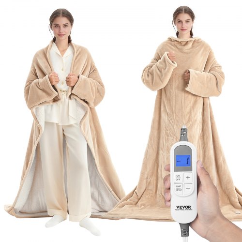 Wearable Electric Heated Throw Blanket with Foot Pocket & Sleeves, Portable Robe Snuggie Blankets for Women, 10 Heating Levels, 12H Auto Shut-Off, Machine Washable, 50 x 70 inch, Beige