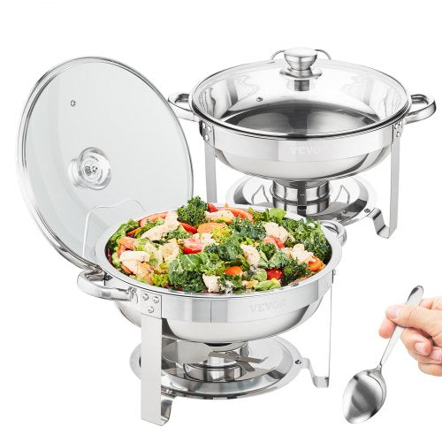 Chafing Dish Buffet Set, 4 Qt 2 Pack, Stainless Steel Chafer with 2 Full Size Pans, Round Catering Warmer Server with Vented Glass Lid Water Pan Stand Fuel Holder Hook Spoon, at Least 4 People E