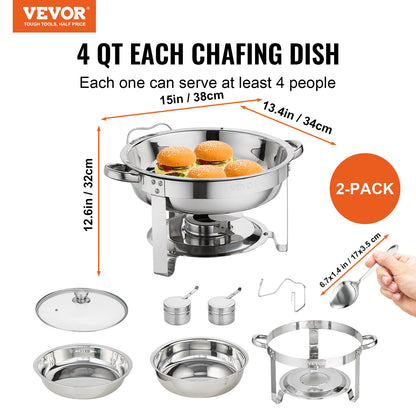 Chafing Dish Buffet Set, 4 Qt 2 Pack, Stainless Steel Chafer with 2 Full Size Pans, Round Catering Warmer Server with Vented Glass Lid Water Pan Stand Fuel Holder Hook Spoon, at Least 4 People E
