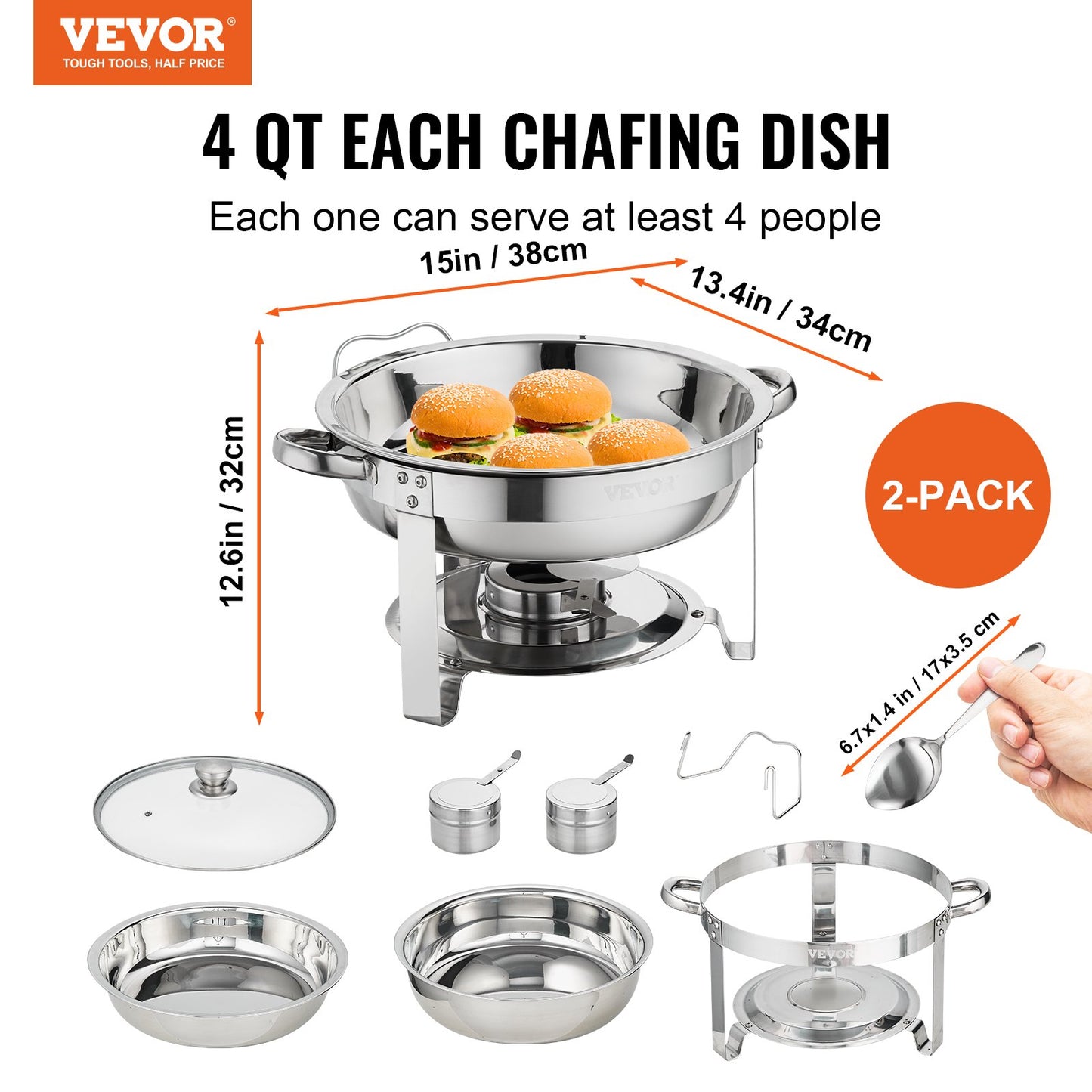 2er-Pack rundes Chafing-Dish-Set mit Brennstoffbehälter in voller Größe, 4-Quart-Pfanne, Glasdeckel