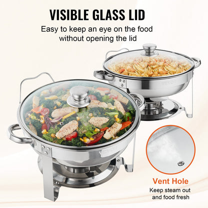 Chafing Dish Buffet Set, 4 Qt 2 Pack, Stainless Steel Chafer with 2 Full Size Pans, Round Catering Warmer Server with Vented Glass Lid Water Pan Stand Fuel Holder Hook Spoon, at Least 4 People E