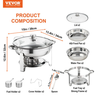Chafing Dish Buffet Set, 4 Qt 2 Pack, Stainless Steel Chafer with 2 Full Size Pans, Round Catering Warmer Server with Vented Glass Lid Water Pan Stand Fuel Holder Hook Spoon, at Least 4 People E