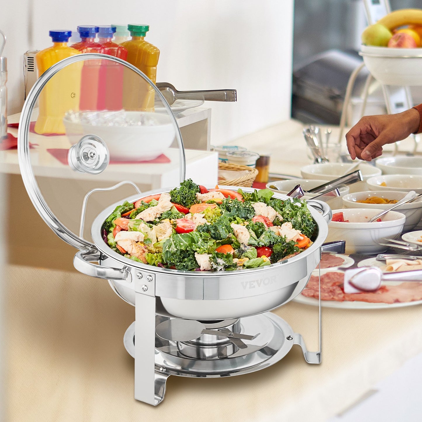 Chafing Dish Buffet Set, 4 Qt 2 Pack, Stainless Steel Chafer with 2 Full Size Pans, Round Catering Warmer Server with Vented Glass Lid Water Pan Stand Fuel Holder Hook Spoon, at Least 4 People E