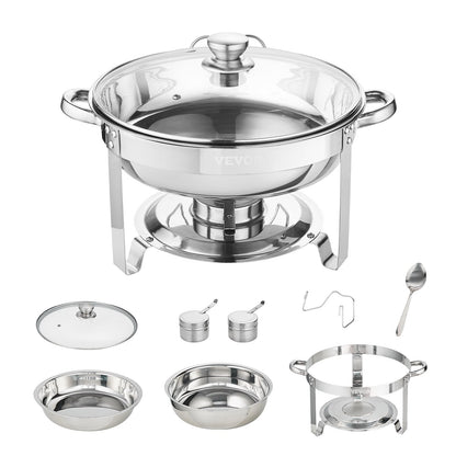 Chafing Dish Buffet Set, 4 Qt 2 Pack, Stainless Steel Chafer with 2 Full Size Pans, Round Catering Warmer Server with Vented Glass Lid Water Pan Stand Fuel Holder Hook Spoon, at Least 4 People E