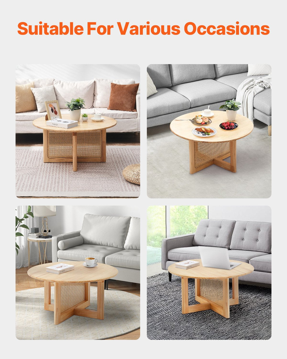 Rattan-Couchtisch, rund, aus Holz, einstöckiger Couchtisch für Wohnzimmer