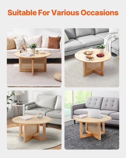 Rattan-Couchtisch, rund, aus Holz, einstöckiger Couchtisch für Wohnzimmer