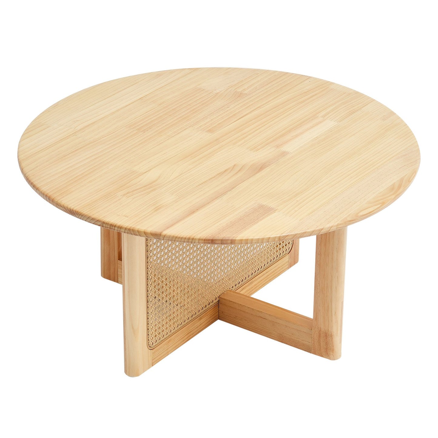 Rattan-Couchtisch, rund, aus Holz, einstöckiger Couchtisch für Wohnzimmer