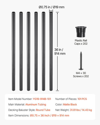 Staircase Balusters 101 Pack, 36 In Aluminum Stair Balusters, 3/4 Inch Water-Proof Round Metal Spindle Railing, Hollow Deck Railing with Rail Caps & Screws for Stairs, Porch, Patio, Matte Black