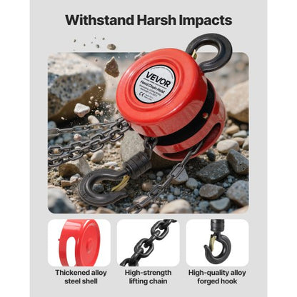 handtelfer, 1 ton kapacitet, manuell kedjeblock med uppgradering G70 galvaniserad kedja, 3 m lyfthöjd, kraftig remskivetelfer för garage, lager, fordonsmaskiner, röd |  EU