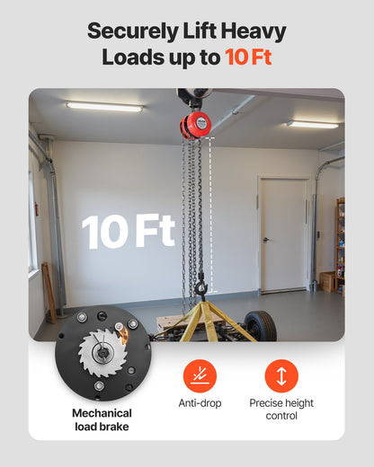 Hand Chain Hoist, 1 Ton 2200 lbs Capacity, Manual Chain Block with Upgrade G70 Galvanized Chain, 10 ft Lifting Height, Heavy Duty Pulley Hoist for Garage Warehouse Automotive Machinery, Red