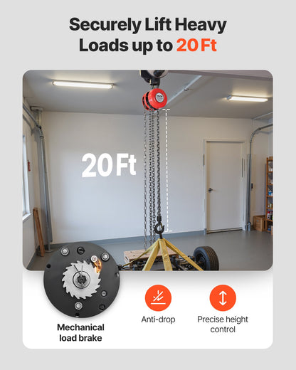 Hand Chain Hoist, 1 Ton 2200 lbs Capacity, Manual Chain Block with Upgrade G70 Galvanized Chain, 20 ft Lifting Height, Heavy Duty Pulley Hoist for Garage Warehouse Automotive Machinery, Red