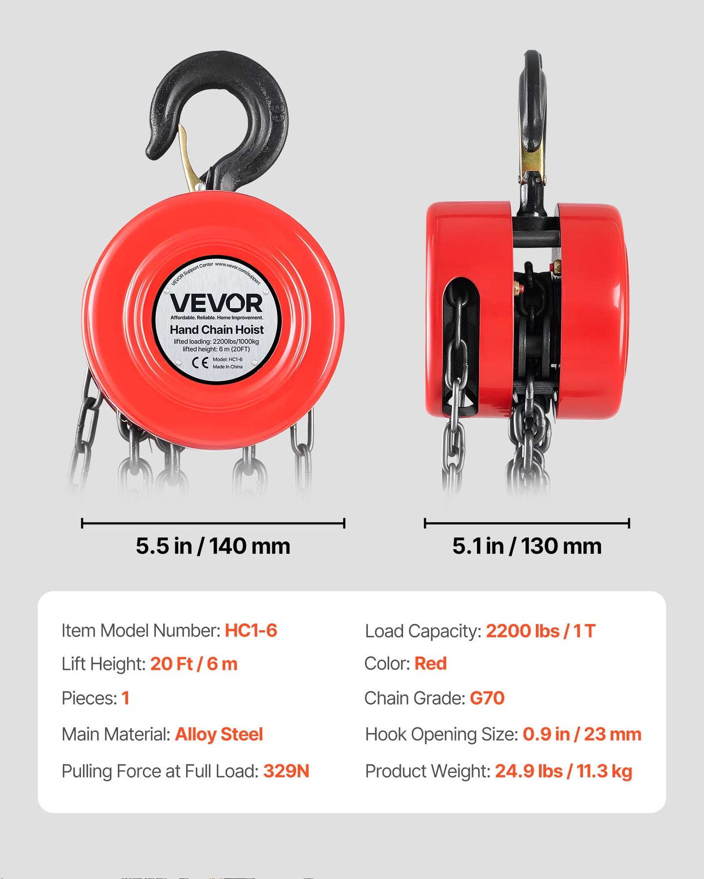 Hand Chain Hoist, 1 Ton 2200 lbs Capacity, Manual Chain Block with Upgrade G70 Galvanized Chain, 20 ft Lifting Height, Heavy Duty Pulley Hoist for Garage Warehouse Automotive Machinery, Red